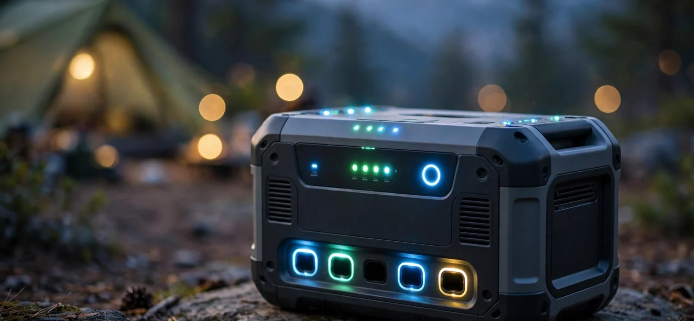 Portable power station at an outdoor campsite at dusk