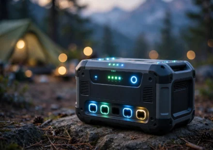 Portable power station at an outdoor campsite at dusk