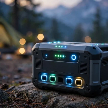 Portable power station at an outdoor campsite at dusk