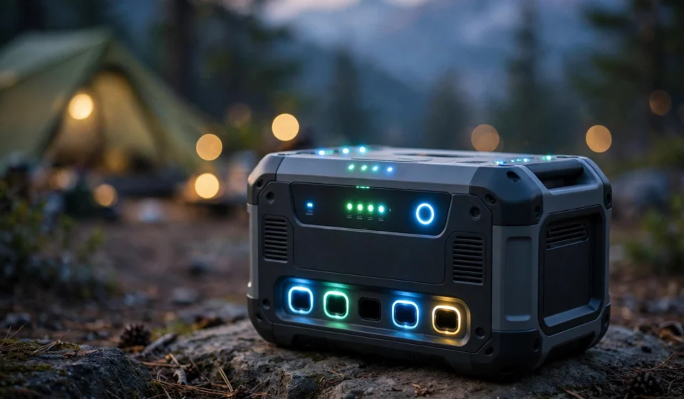 Portable power station at an outdoor campsite at dusk