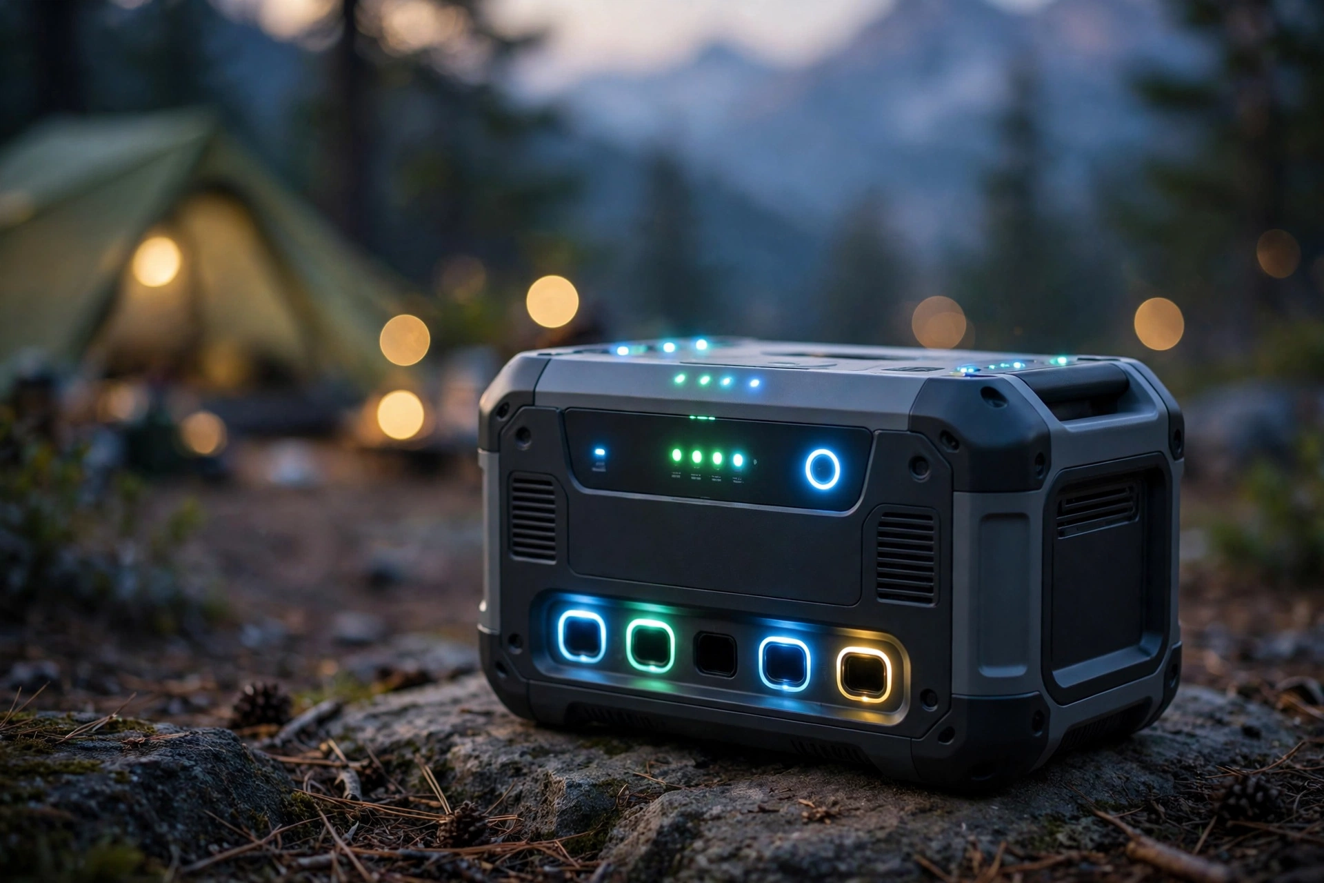 Portable power station at an outdoor campsite at dusk