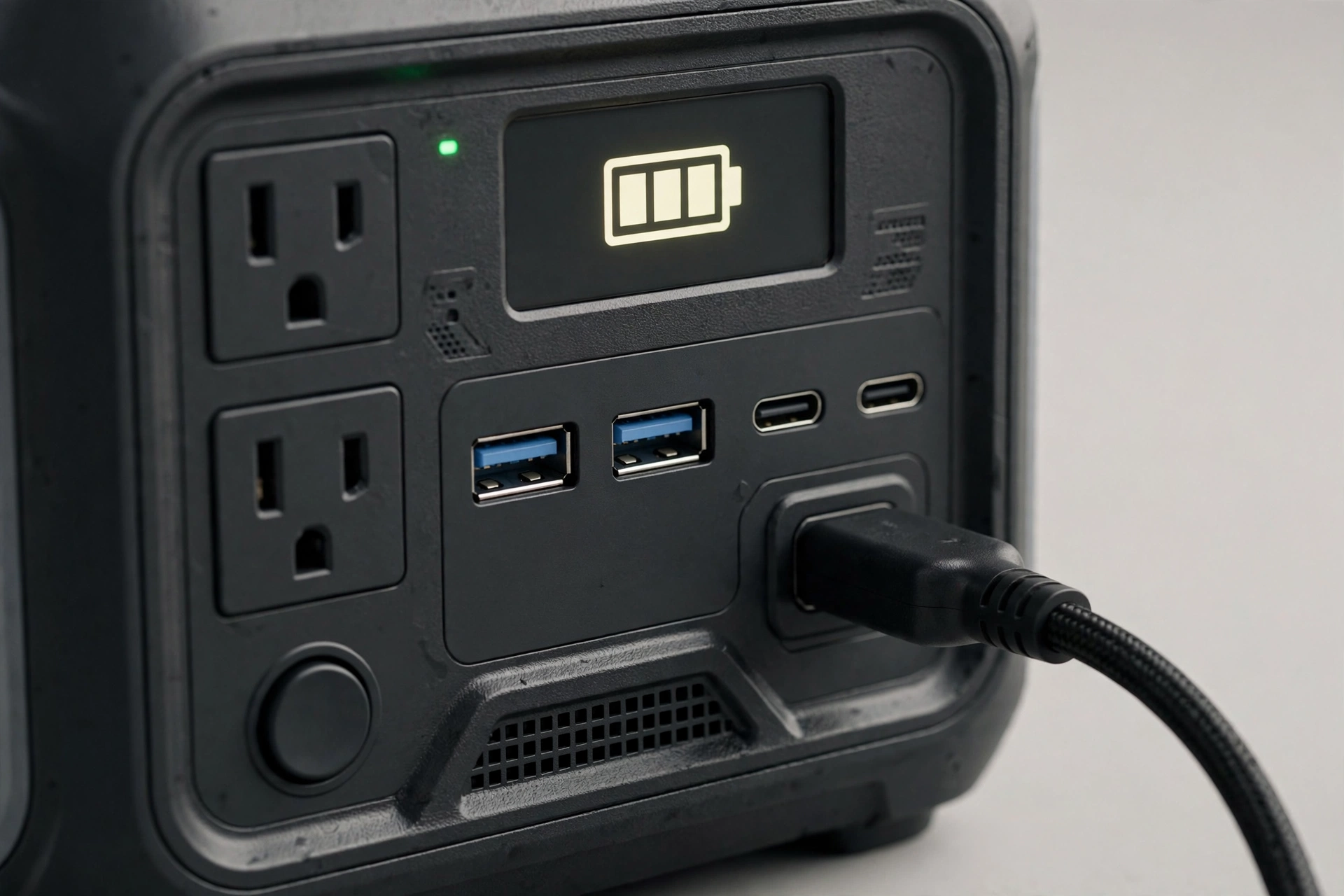 Close-up of portable power station ports and display panel