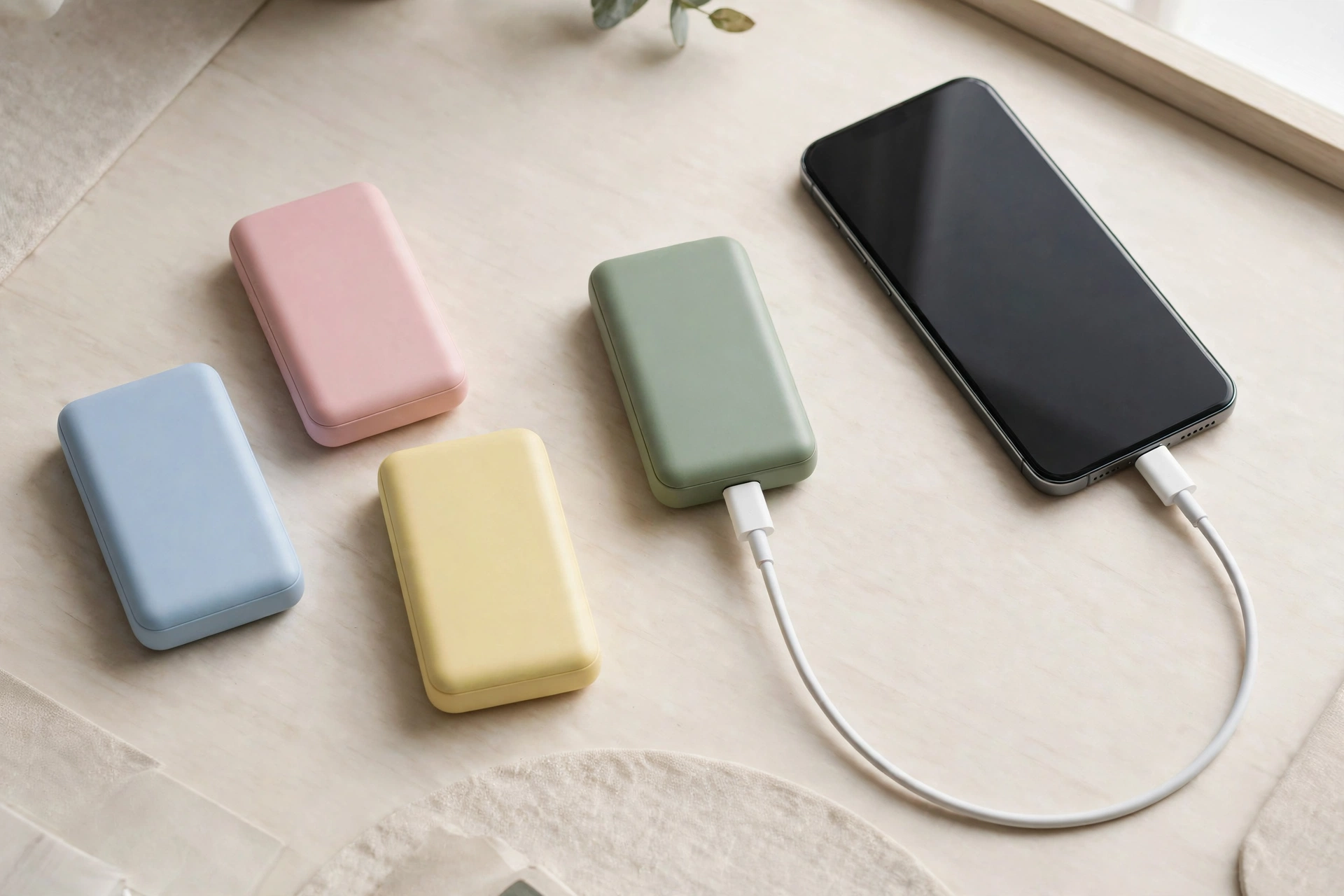 Power banks and smartphones charging on a desk