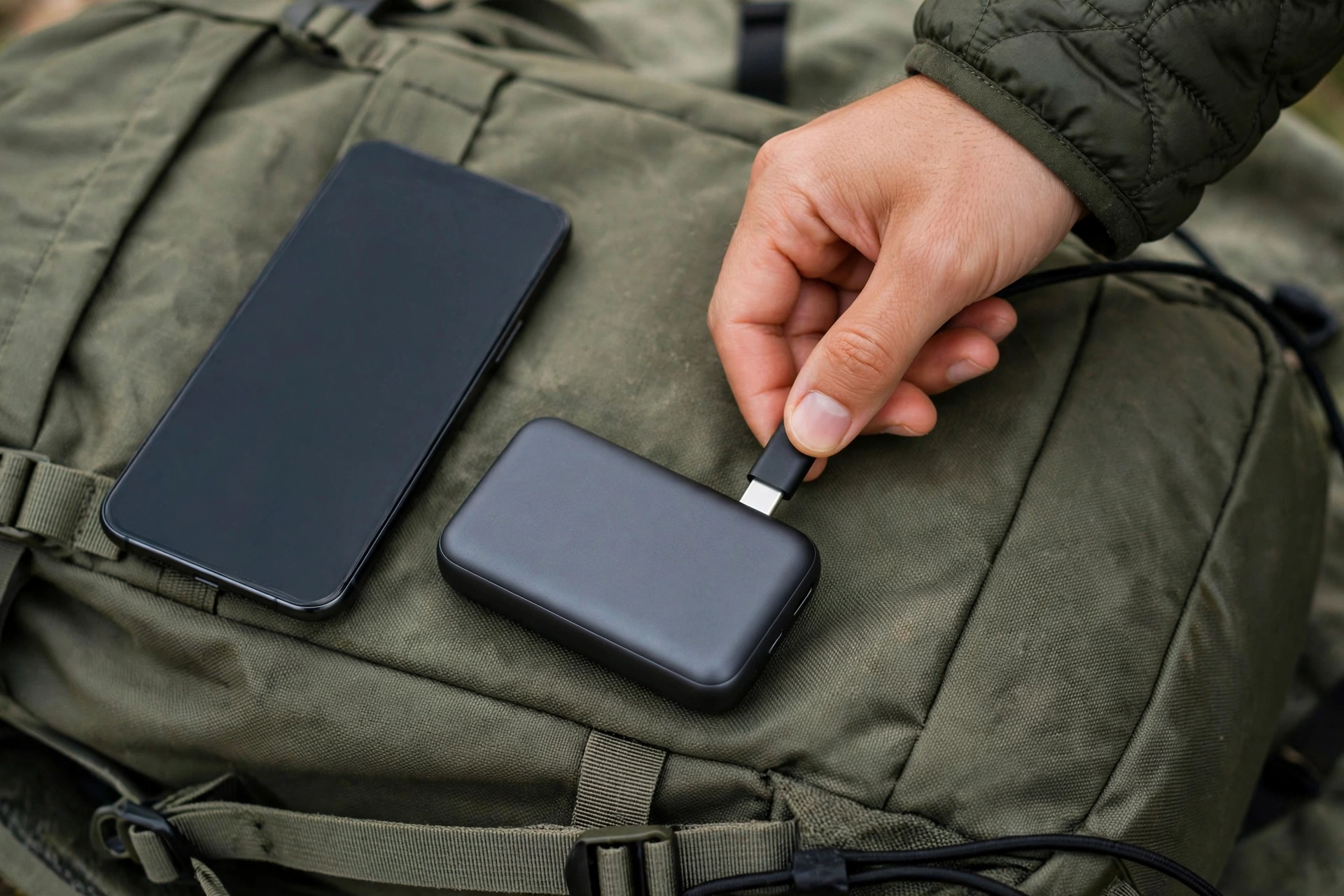 Hand plugging a charging cable into a power bank