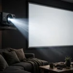 Home theater projector displaying a movie in a dark room