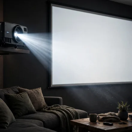 Home theater projector displaying a movie in a dark room