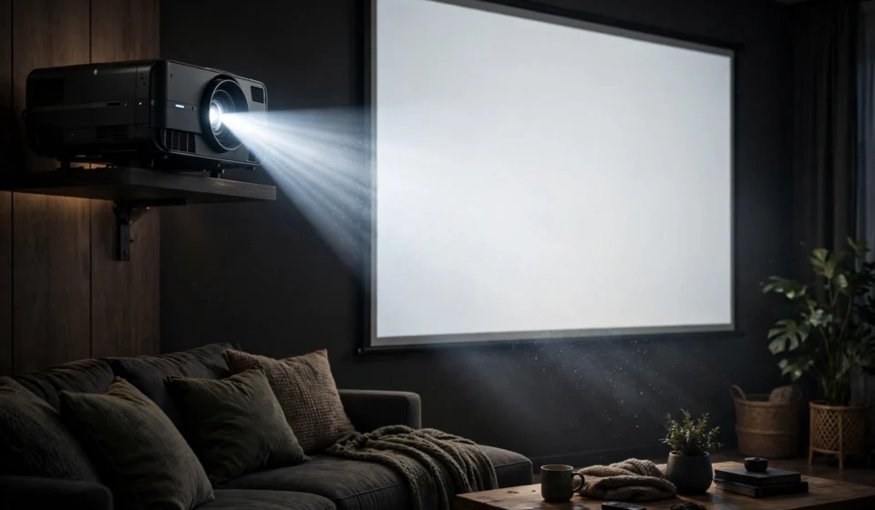 Home theater projector displaying a movie in a dark room