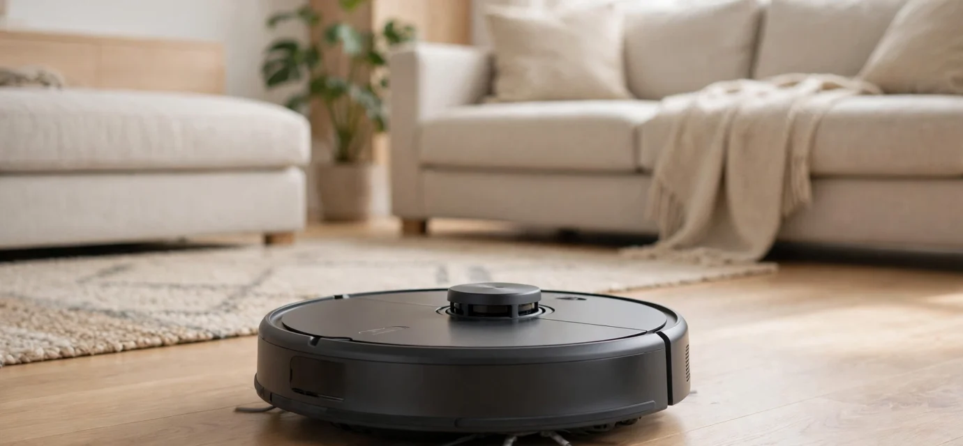 Robot vacuum cleaning a modern living room floor