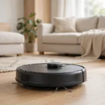 Robot vacuum cleaning a modern living room floor