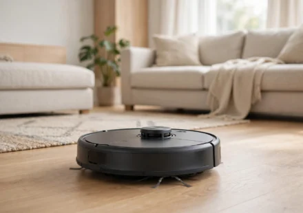 Robot vacuum cleaning a modern living room floor