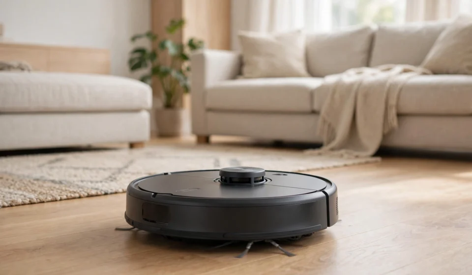 Robot vacuum cleaning a modern living room floor