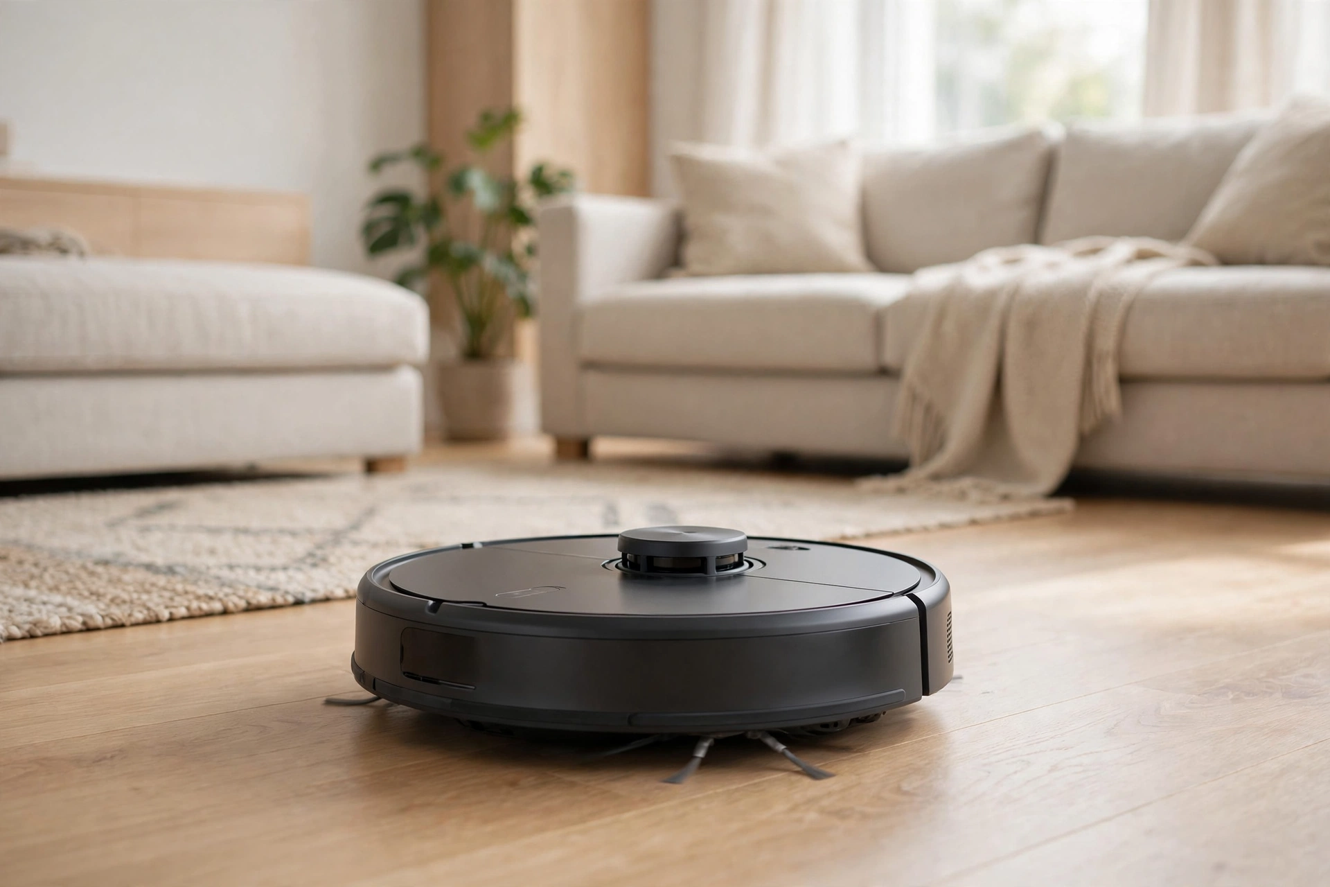Robot vacuum cleaning a modern living room floor