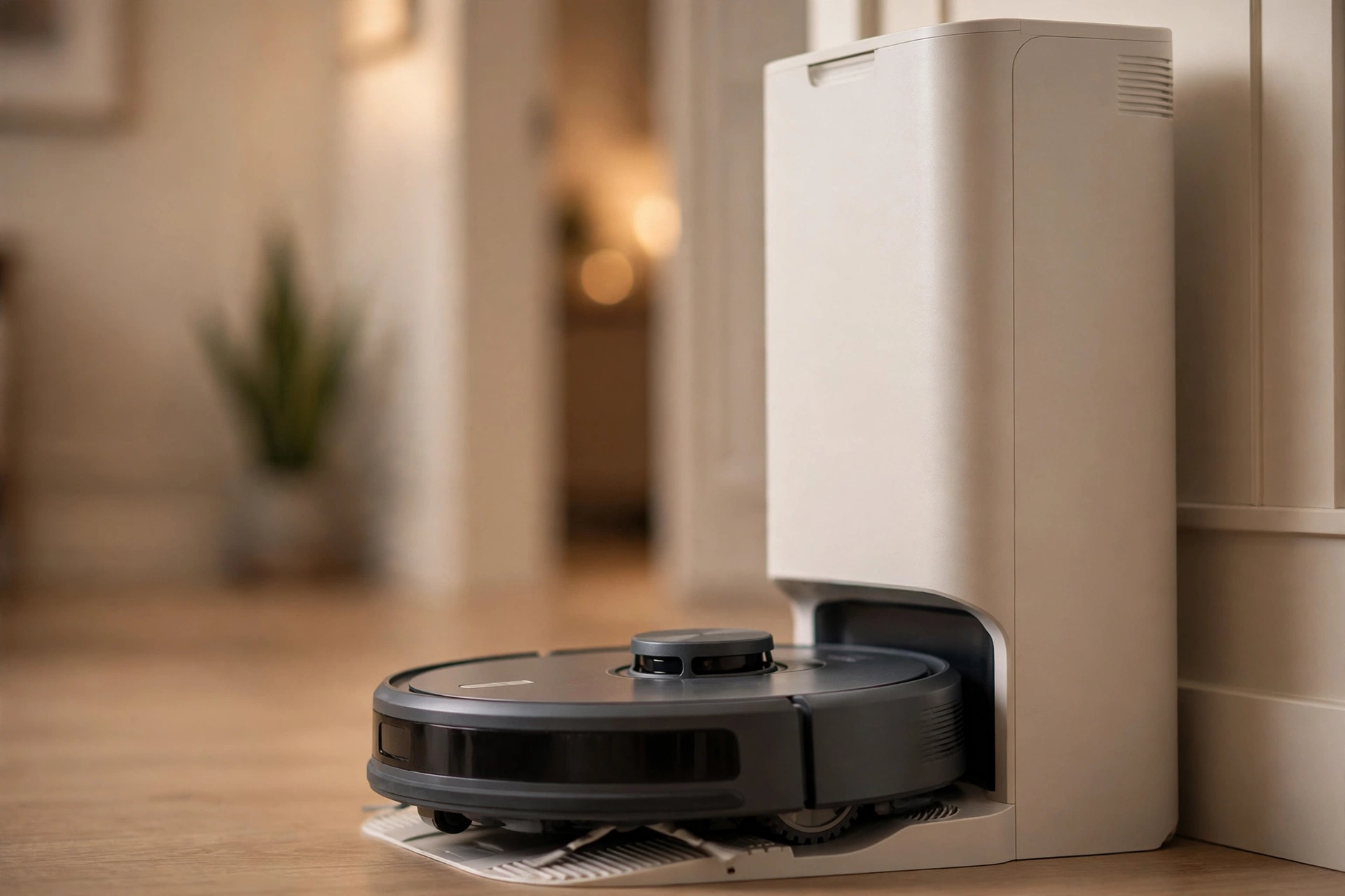Robot vacuum docked at its self-emptying base station