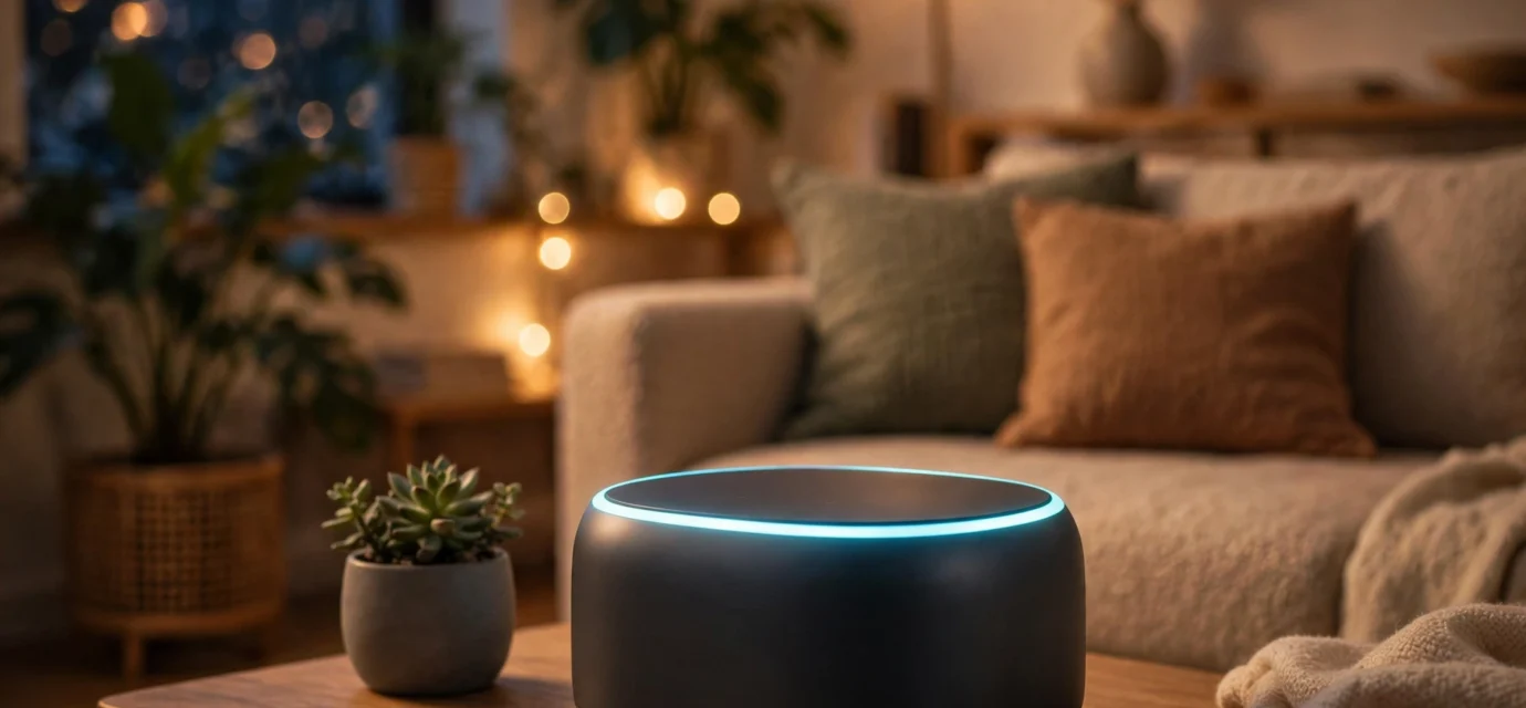 Smart home hub devices in a modern living room