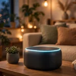 Smart home hub devices in a modern living room
