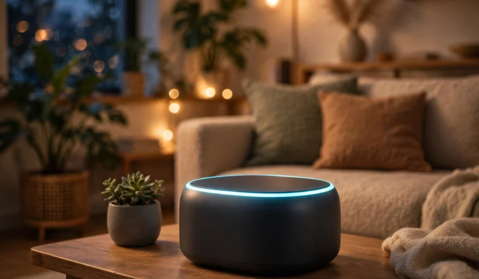 Smart home hub devices in a modern living room