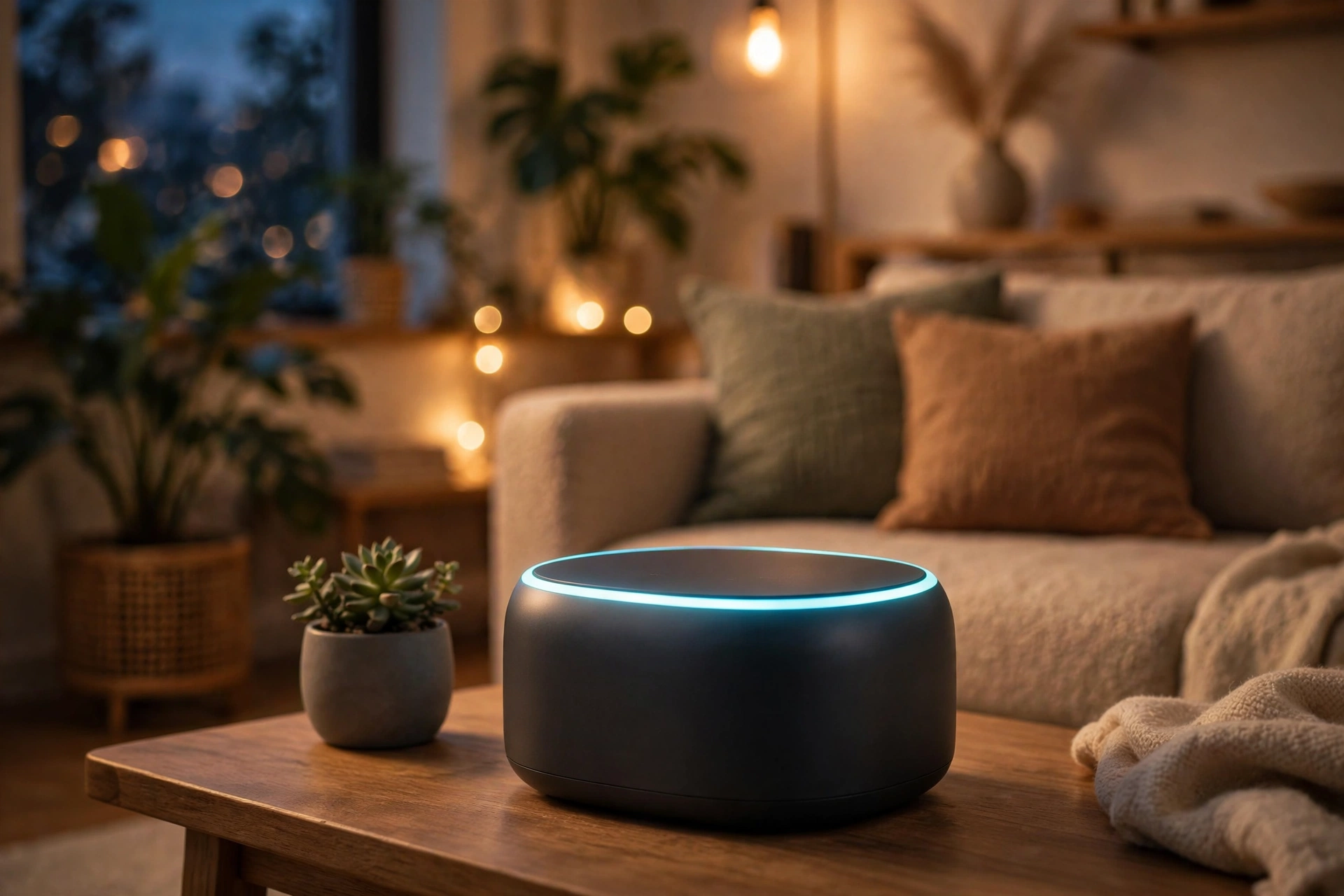 Smart home hub devices in a modern living room