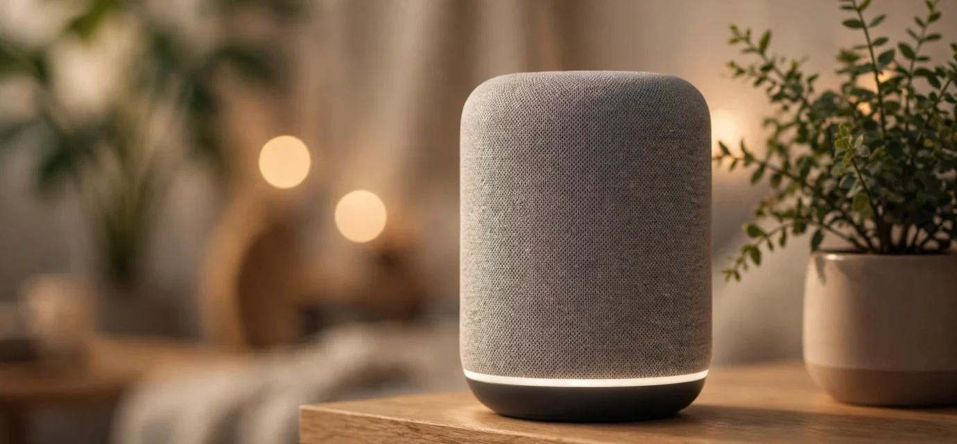 A smart speaker on a modern living room shelf