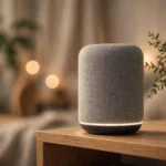 A smart speaker on a modern living room shelf