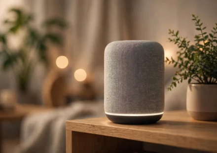 A smart speaker on a modern living room shelf