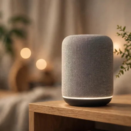 A smart speaker on a modern living room shelf