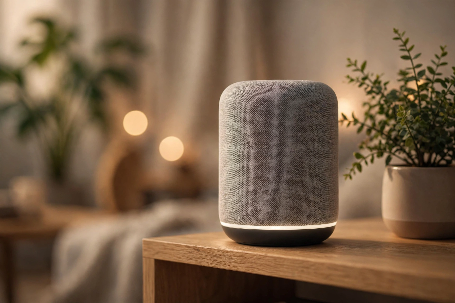 A smart speaker on a modern living room shelf