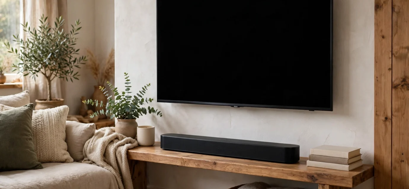 Soundbar placed below a TV in a living room