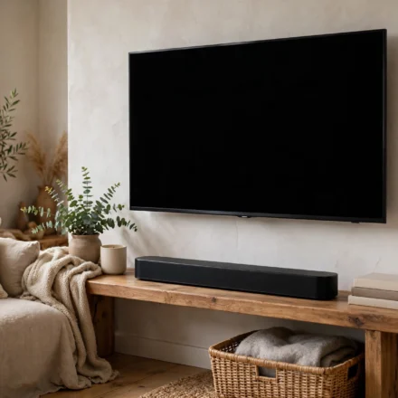 Soundbar placed below a TV in a living room