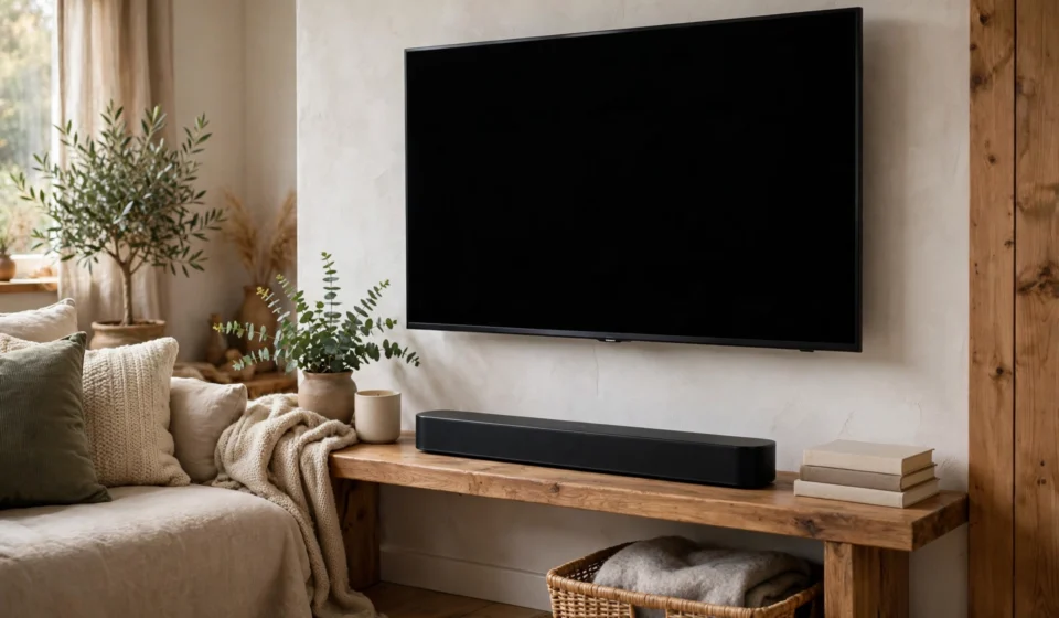 Soundbar placed below a TV in a living room