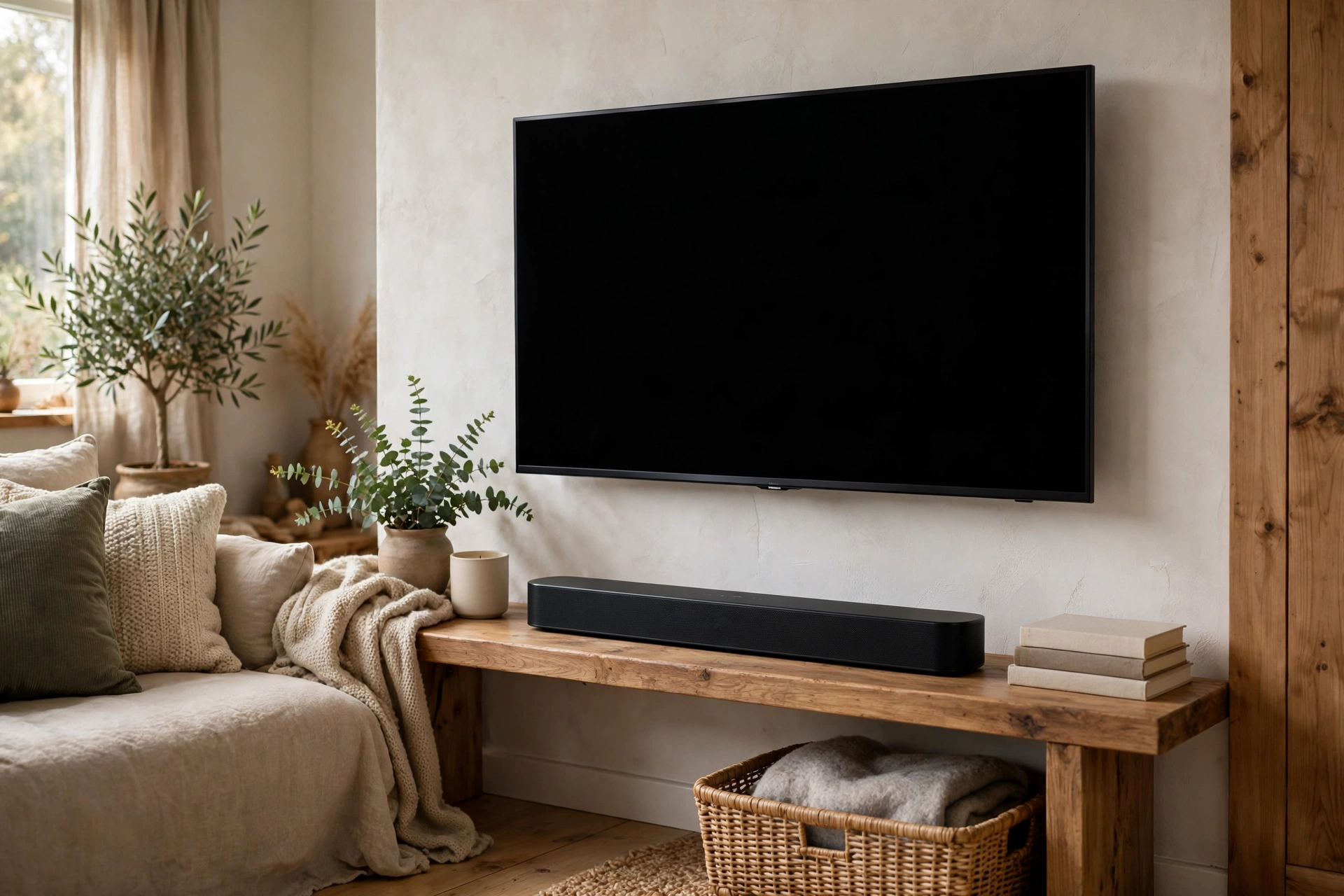 Soundbar placed below a TV in a living room