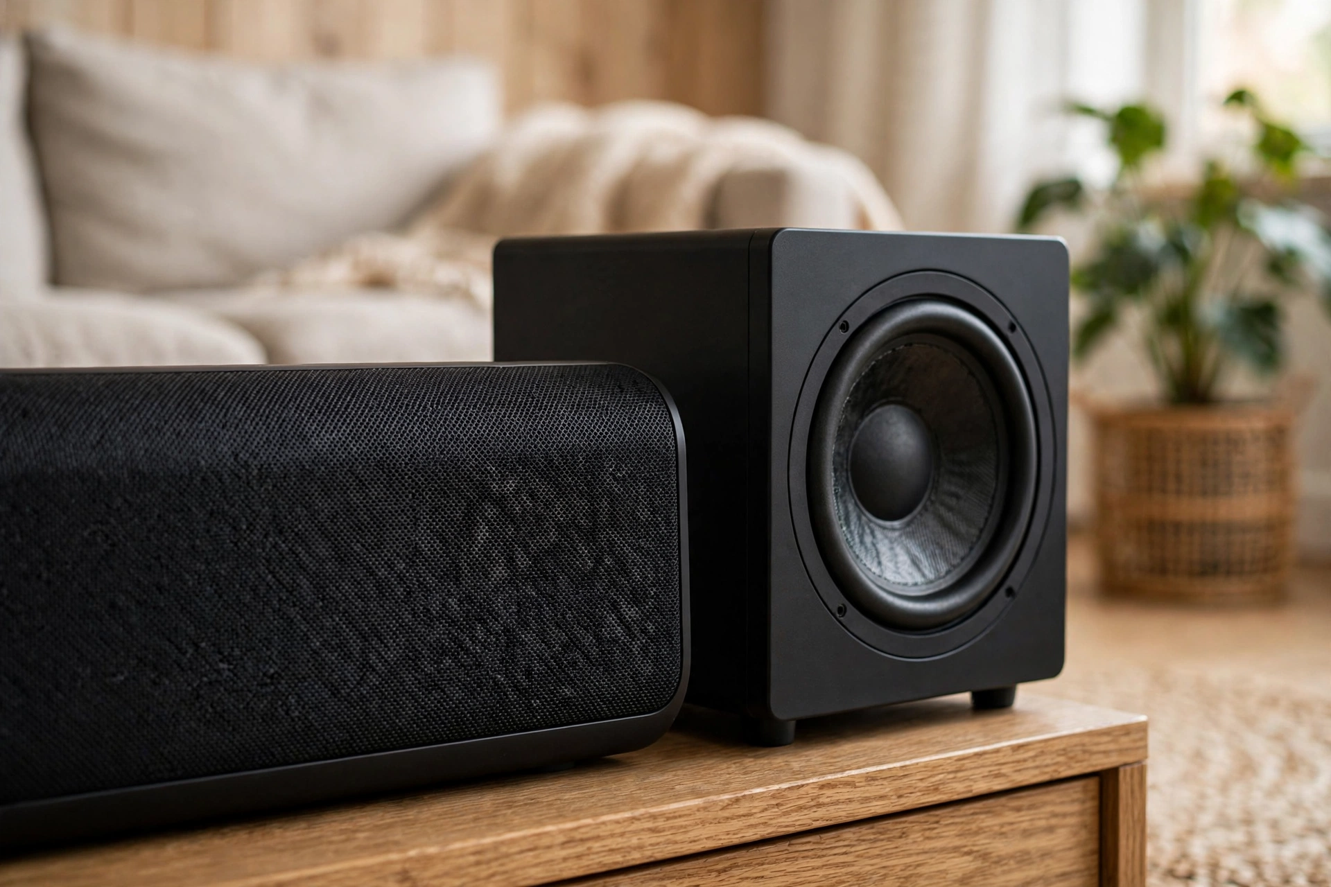 Close-up of a soundbar speaker