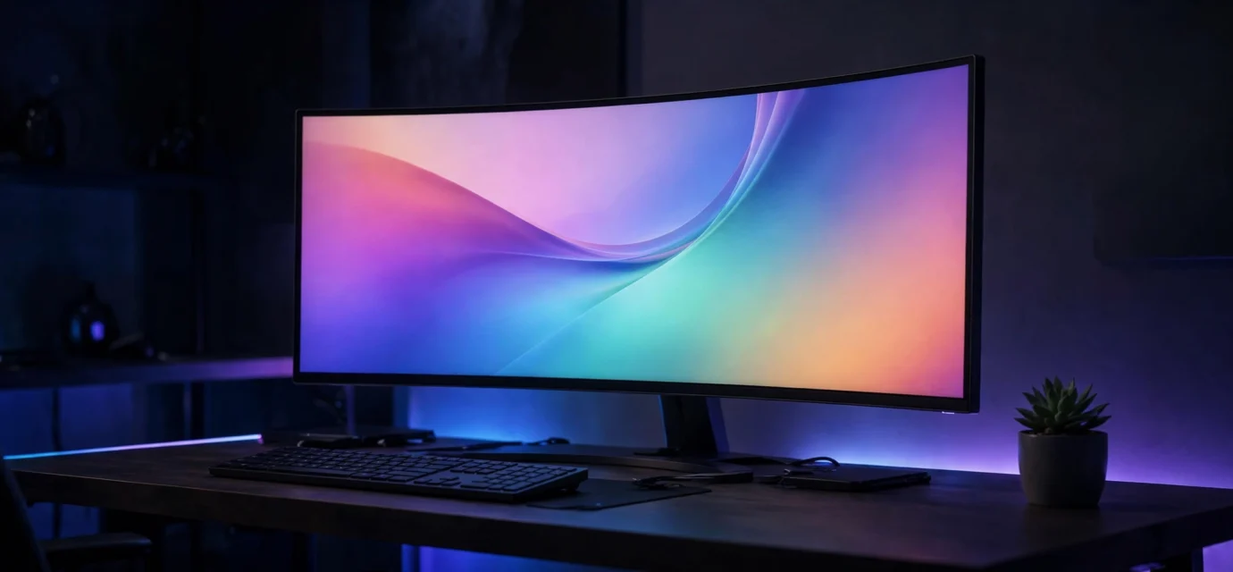 Ultrawide monitor on a desk with a wide-screen display