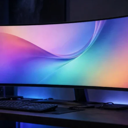 Ultrawide monitor on a desk with a wide-screen display