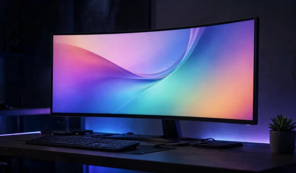 Ultrawide monitor on a desk with a wide-screen display