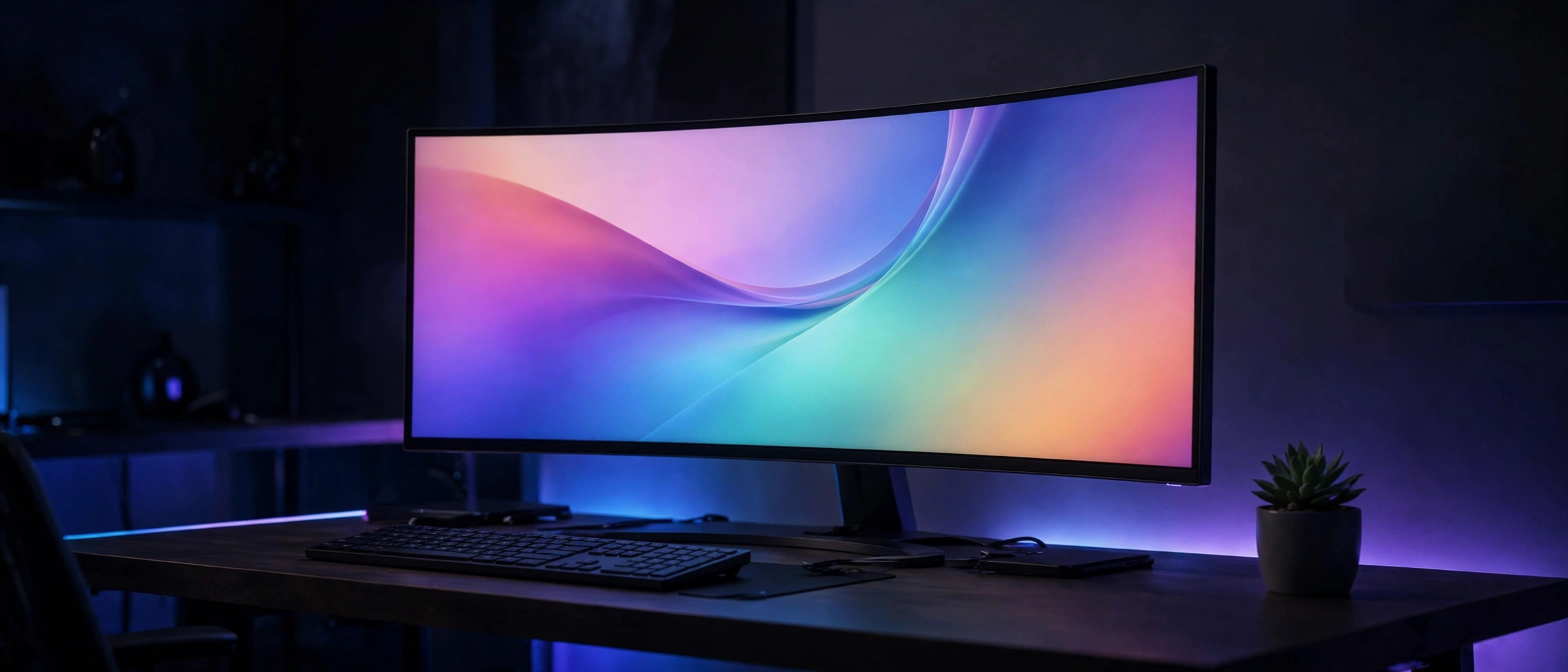 Ultrawide monitor on a desk with a wide-screen display