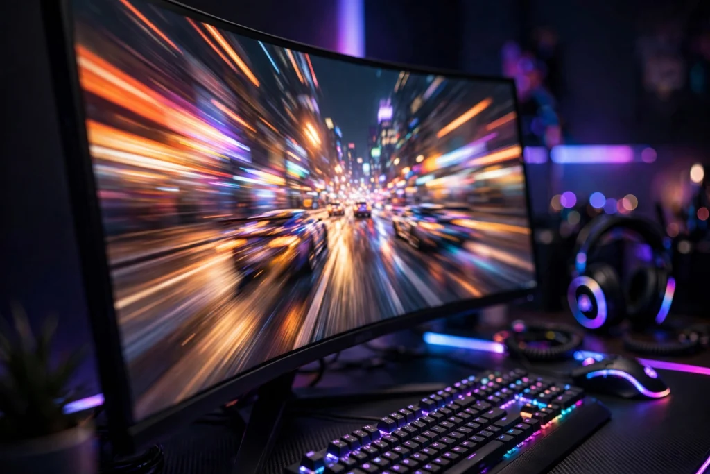 Close-up of an ultrawide curved monitor