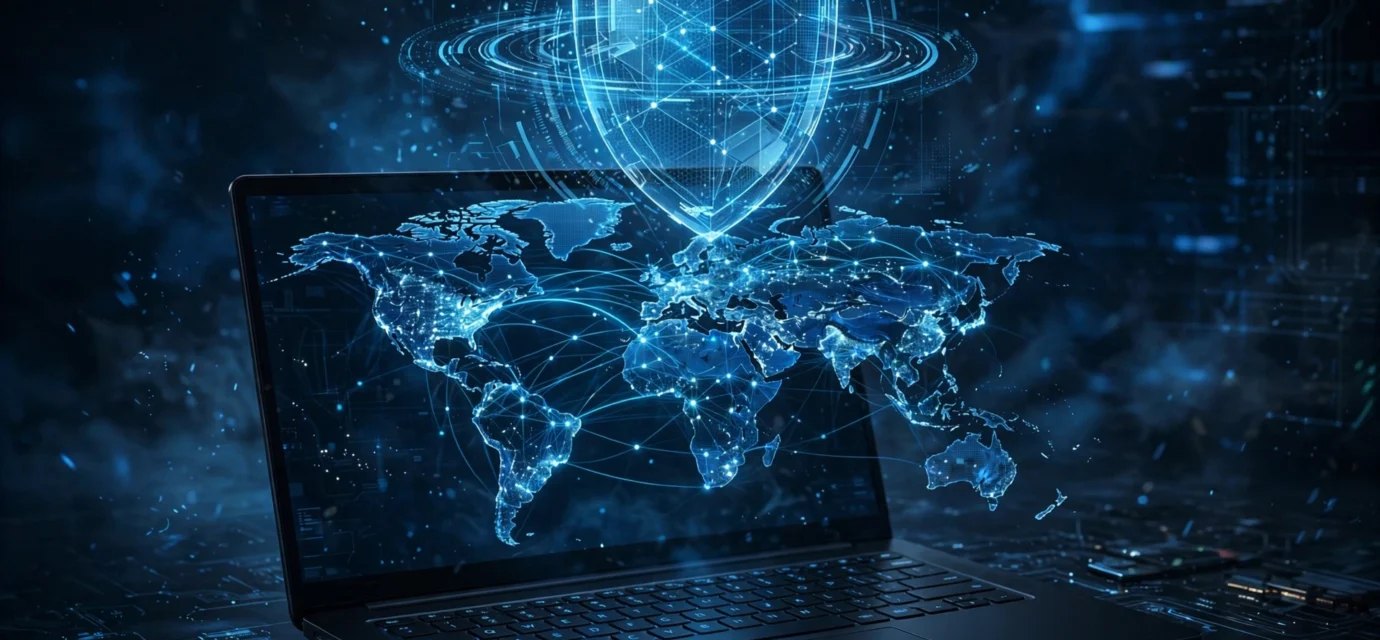 Laptop with a world map showing encrypted connections