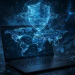 Laptop with a world map showing encrypted connections