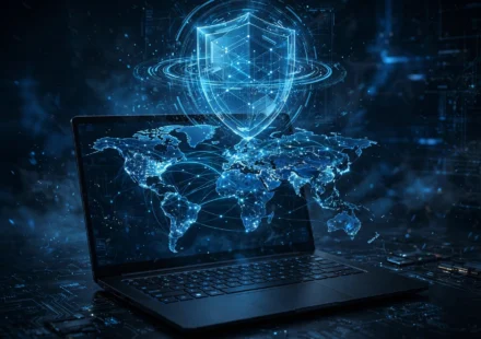 Laptop with a world map showing encrypted connections