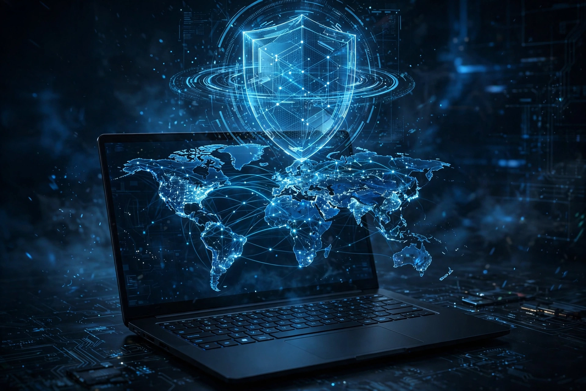 Laptop with a world map showing encrypted connections