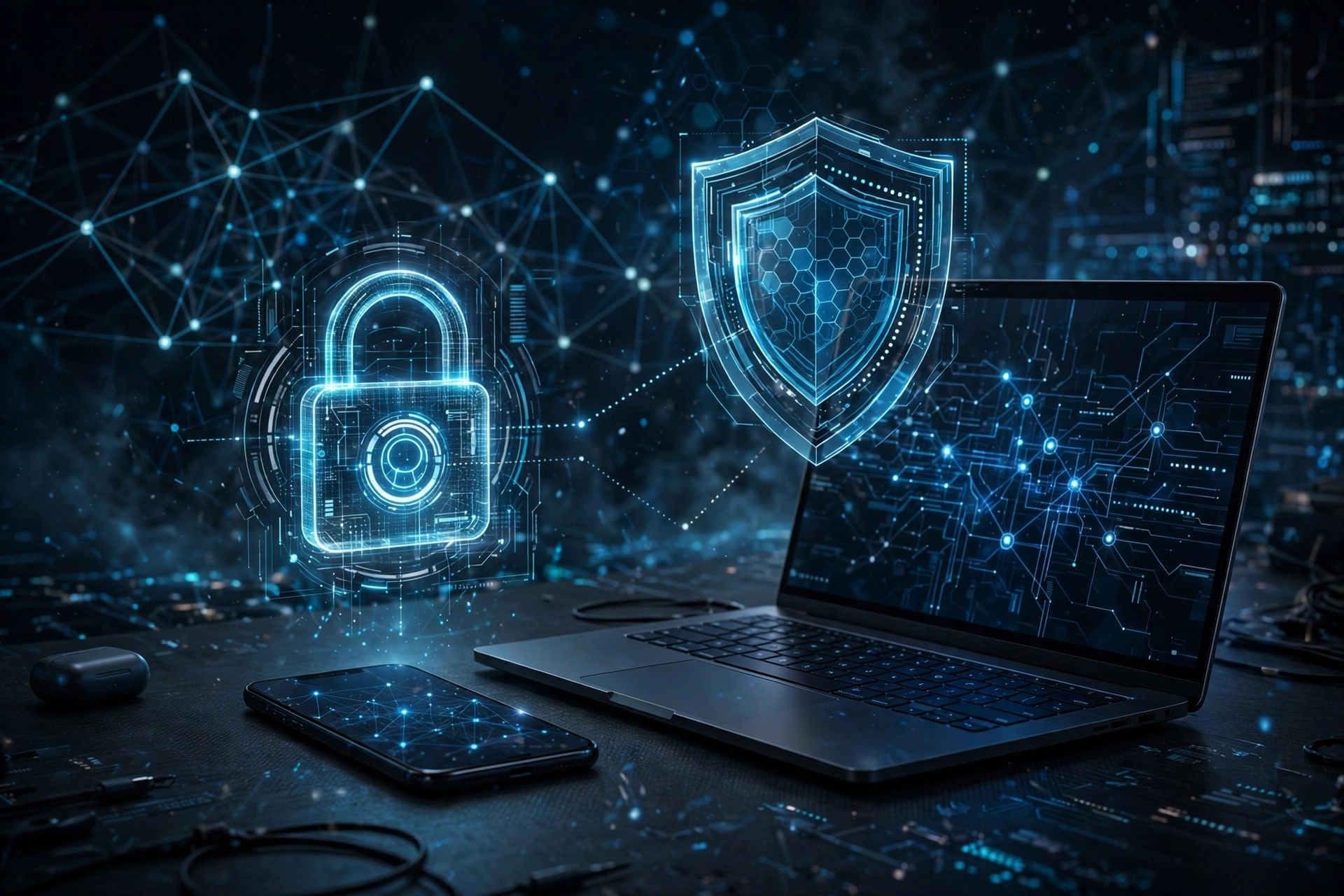 Smartphone and laptop with privacy and security graphics