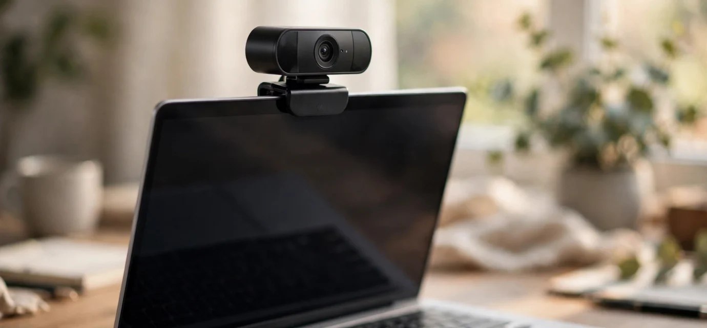 Webcam mounted on top of a laptop on a home office desk