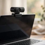 Webcam mounted on top of a laptop on a home office desk