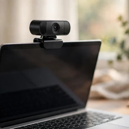 Webcam mounted on top of a laptop on a home office desk