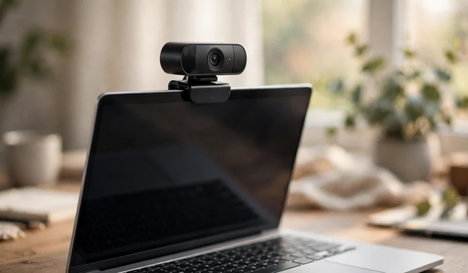 Webcam mounted on top of a laptop on a home office desk