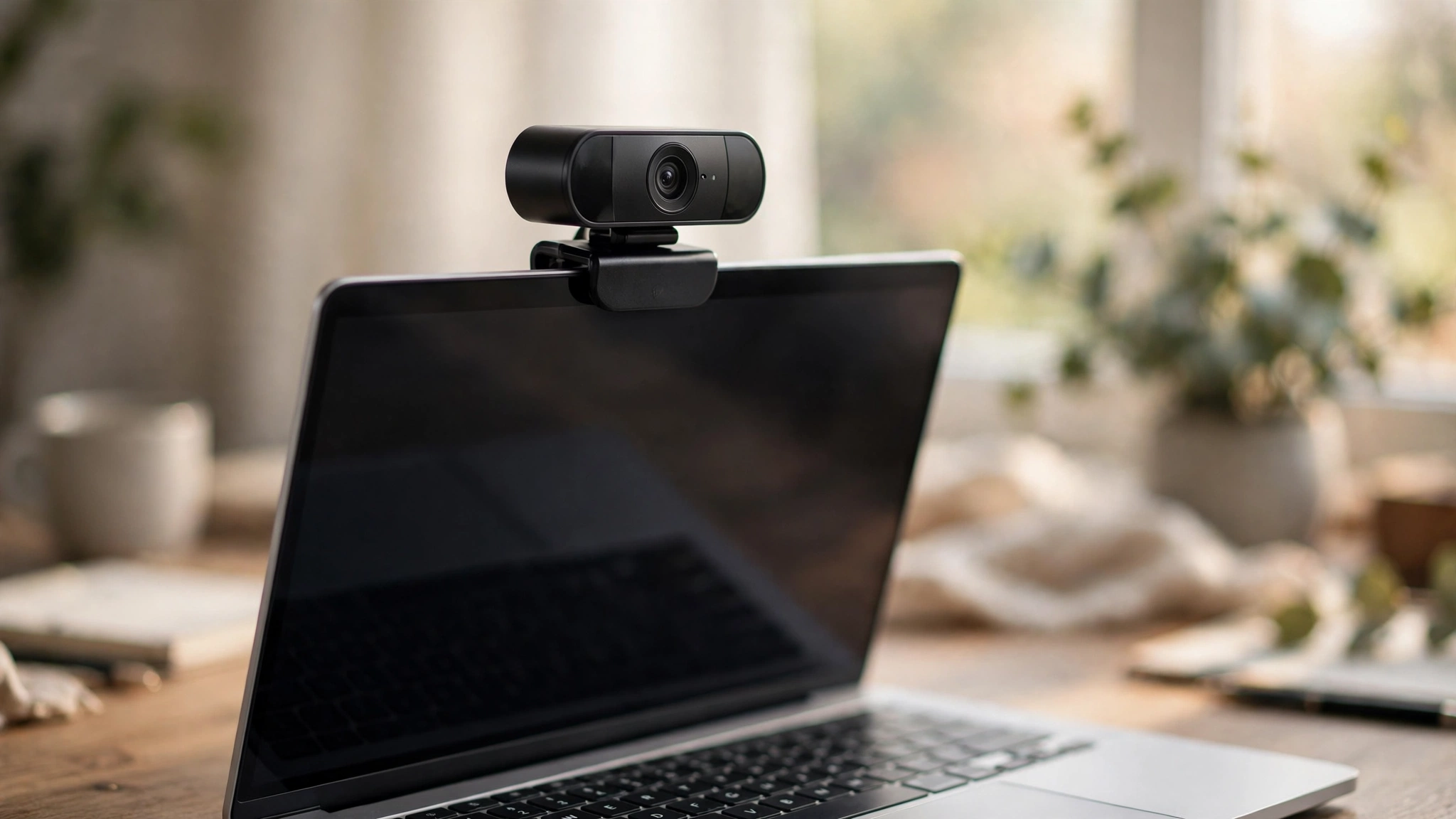 Webcam mounted on top of a laptop on a home office desk