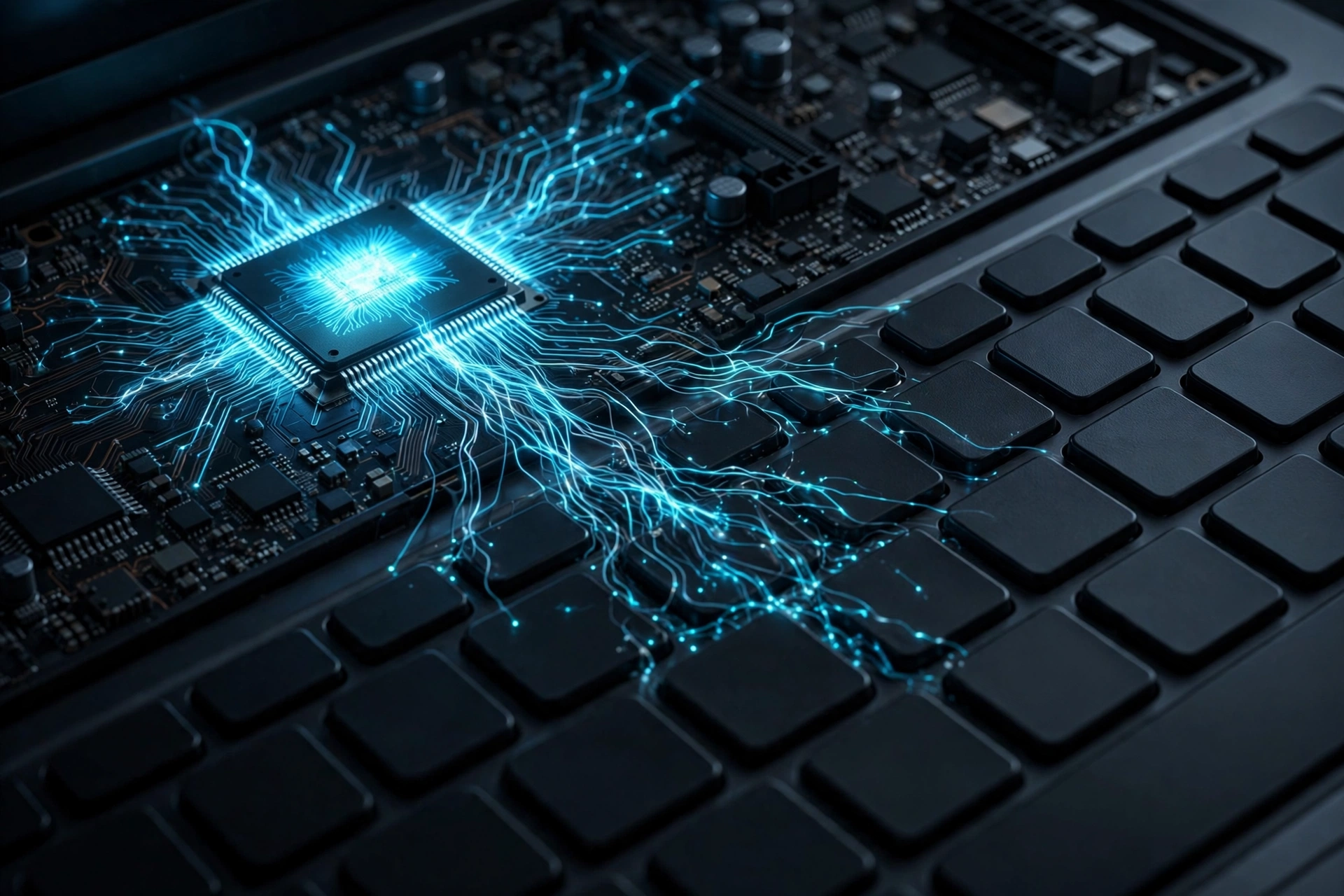 Laptop keyboard with glowing NPU processor chip