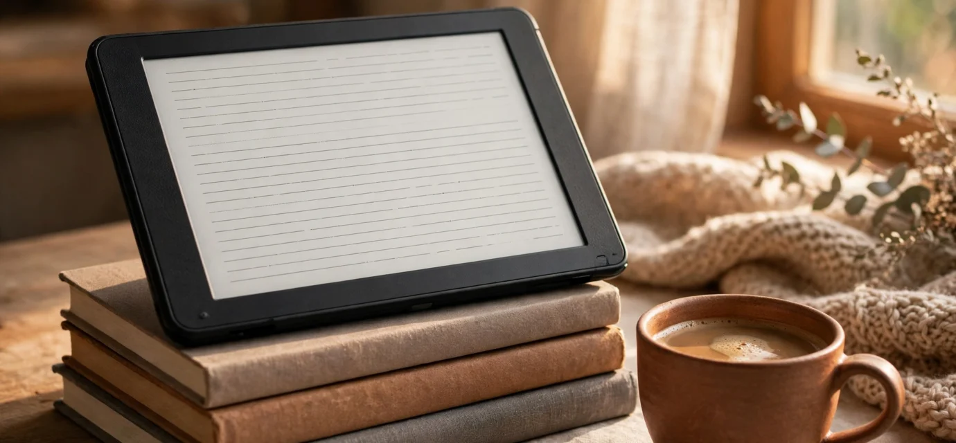 E-reader resting on a stack of books beside a cup of coffee