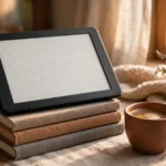 E-reader resting on a stack of books beside a cup of coffee