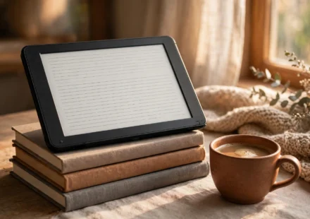 E-reader resting on a stack of books beside a cup of coffee